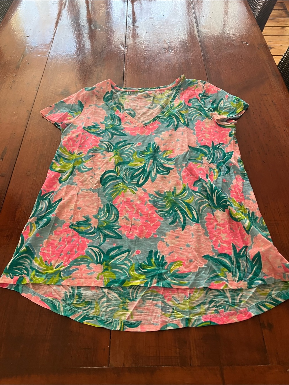 Lilly Pulitzer Pink, Teal & Green Tropical V-Neck Tee